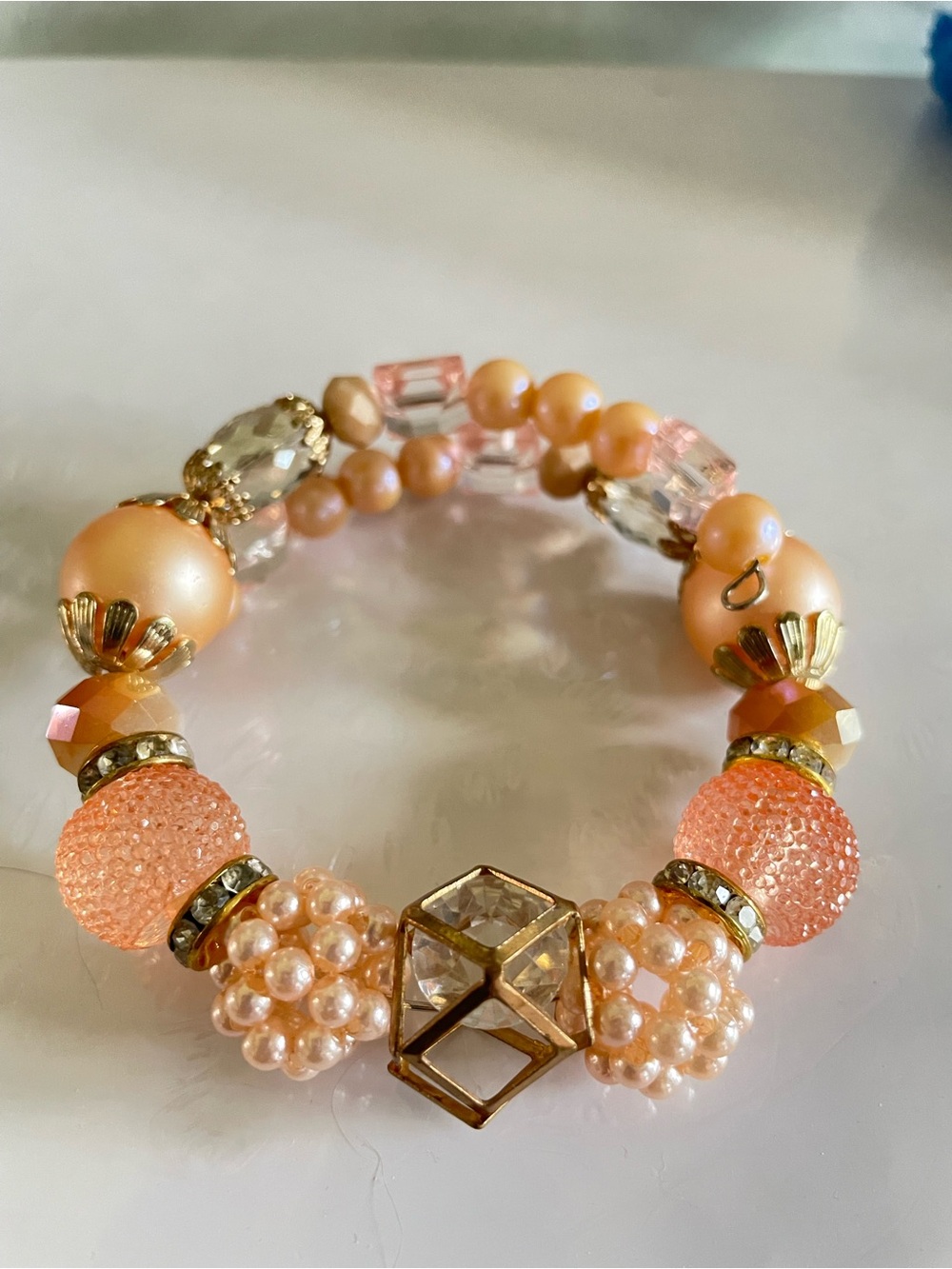 Peach Pearl & Crystal Beaded Stretch Bracelet